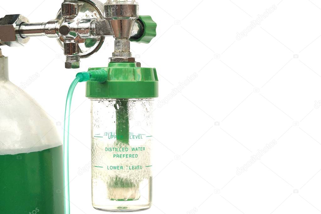 Equipment medical Oxygen tank and Cylinder Regulator gauge.Control pressure oxygen gas for care a patient respiratory disease and emergency CPR at Hospital, Close up focus on white background.