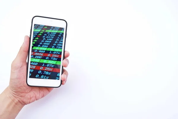 背景を上に孤立手にスマート フォンに投資証券を監視します ビジネス コンセプトです 空白の無料の単語のテキストのためのスペースをコピーします — ストック写真