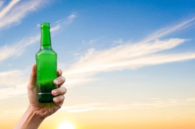 El bira şişesi tutarak ve güzel günbatımı arka plan açık partide gözlük clinking birlikte hasat zaman zevk. Kutlama içme bira.       