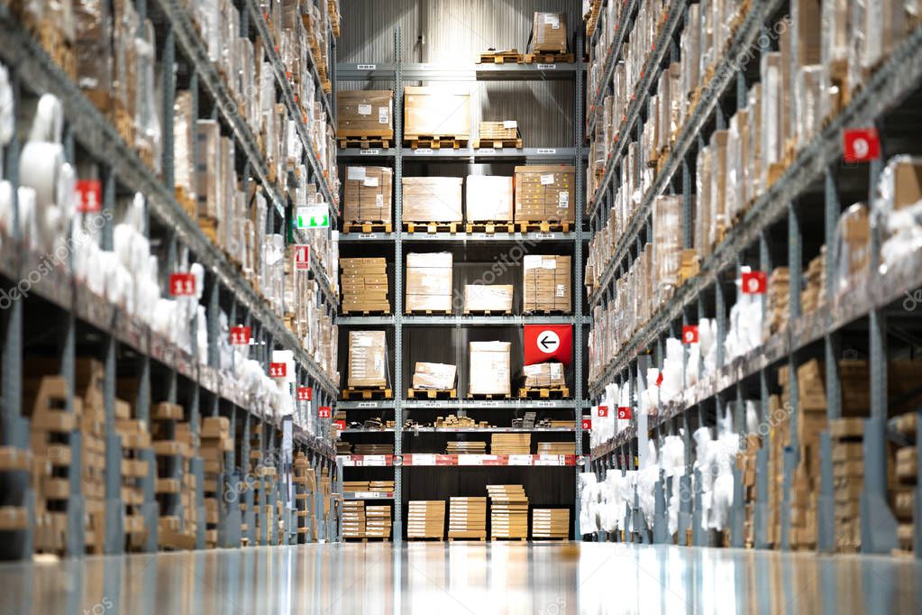 Background of warehouse or storehouse industrial and logistic company.Warehousing on the floor and called the high shelves