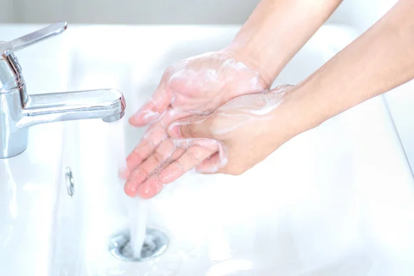 Washing Hands Rubbing Nails Fingers Soap Washing Frequently Using Hand — Stock Photo, Image