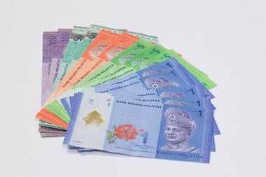Malezya Para Birimi (Myr); Yalıtılmış beyaz arka plan ile Ringgit Malezya banka notu Yığını. Bir, beş, on, elli ve yüz ringgit Malezya vardır.