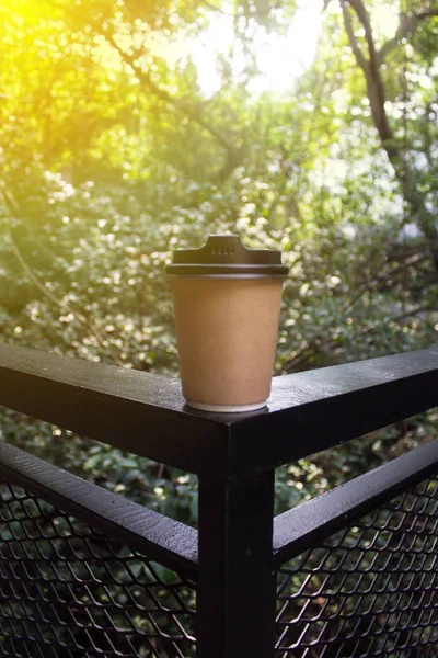 Blur background nature landscape panorama view from railing panel inside shopping mall with brown coffee recycle paper cup. Ray by sunlight