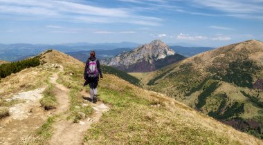 Kadın hiker tepenin üstünde. Mala Fatra Milli Parkı ve Rozsutec, arka plan, Slovakya