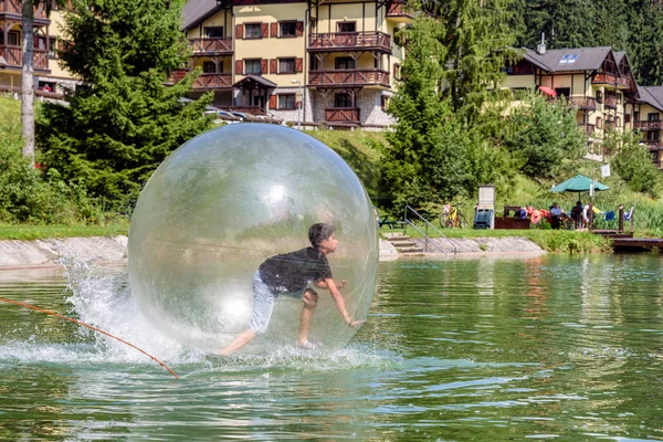 Young Boy Playing Floating Water Walking Ball Aquazorbing Hrabovo Ruzomberok — Stock Photo, Image