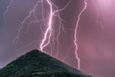 Thuderstorm. Yıldırım ve karanlık bulutlar. Renkli gökyüzü