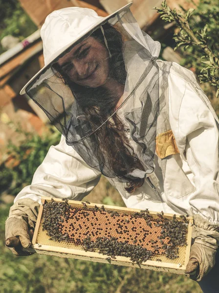 Honeycomb Dengan Madu Dan Lebah Peternak Lebah Wanita — Stok Foto