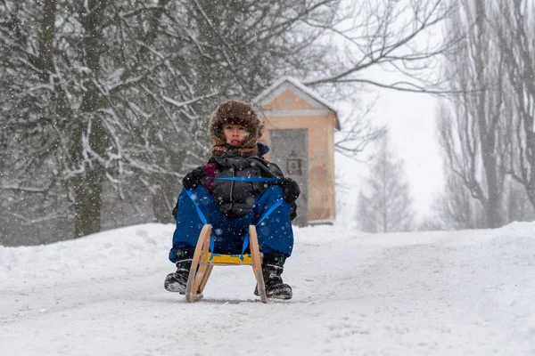 Niño Montando Trineo País Invierno —  Fotos de Stock