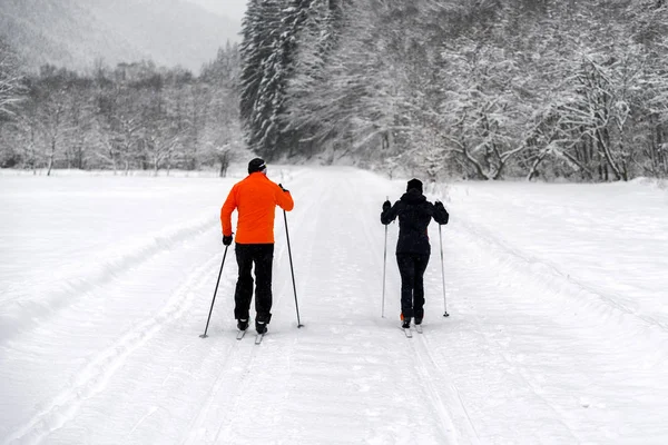 Gente Haciendo Esquí Fondo Bosque Invierno —  Fotos de Stock