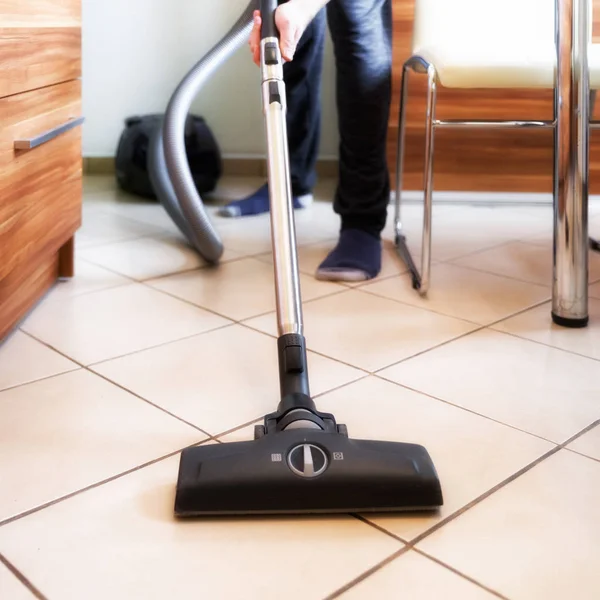 Person Using Vacuum Cleaner While Cleaning Floor Home Close View — Stock Photo, Image