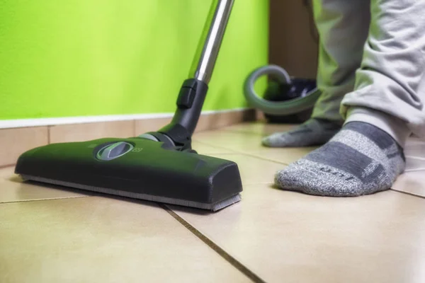 Person Using Vacuum Cleaner While Cleaning Floor Home Close View — Stock Photo, Image