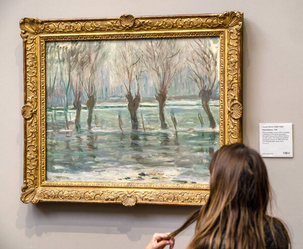 Visitor looking at painting of Claude Monet in National gallery 