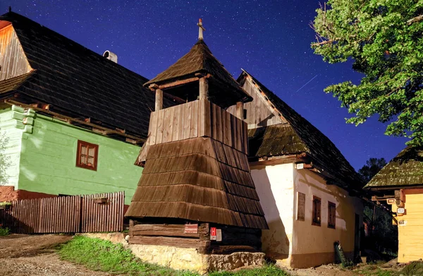 Historic Wooden Belfry Old Cottages Night Rural Unesco Village Vlkolinec — Stock Photo, Image
