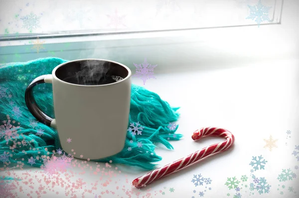 Mug Hot Coffee Windowsill Nearby Lies Angry Blue Scarf Lollipop — Stock Photo, Image