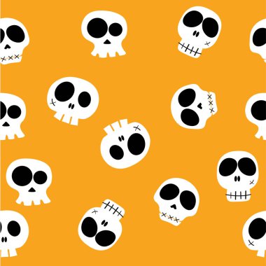 Doodle vektör komik karikatür baş kafatasları sarı arka plan, desen sorunsuz arka plan üzerinde farklı karakter