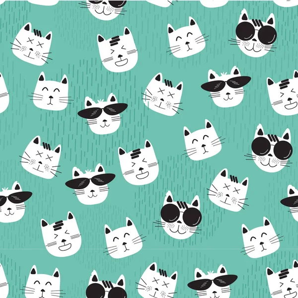funny cats faces in sunglasses pattern seamless on mint green background