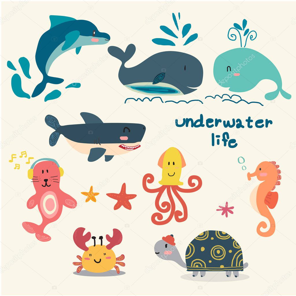 set of animal under sea life, starfish, turtle, octopus, seahorse, crab, dolphin, whale, seal, shark, flat cartoon vector
