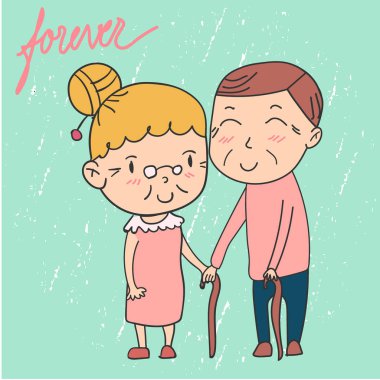 Doodle mutlu yaşlı çift, gülümseyerek ve elini tutarak büyük ebeveyn 