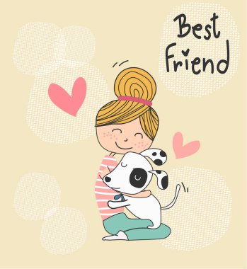 vektör şirin sarılma bir köpek yavrusu, en iyi arkadaş kavramı bir kız doodle