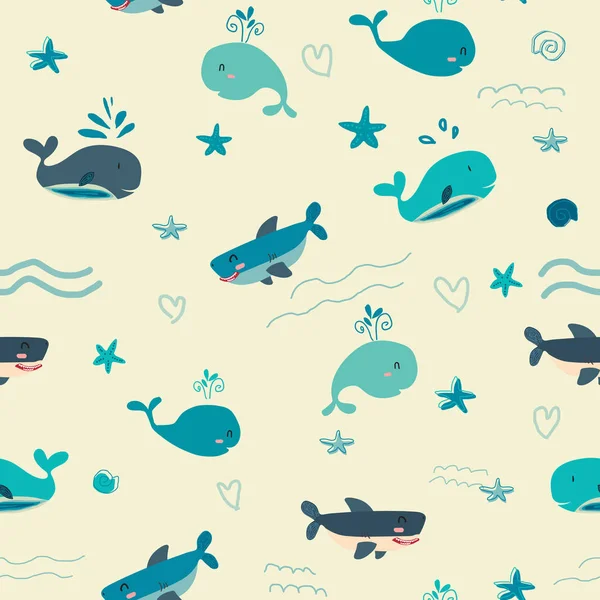 Cute Cartoon Blue Water Animal Life Pattern Seamless Background — Stock Vector