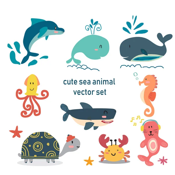 Tiere Unter Wasser Seestern Schildkröte Krake Seepferdchen Krabbe Delfin Wal — Stockvektor