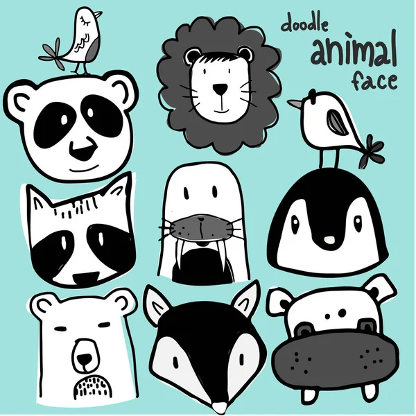 Mano Dibujar Doodle Colección Lindo Animal Salvaje Cabeza — Archivo Imágenes Vectoriales