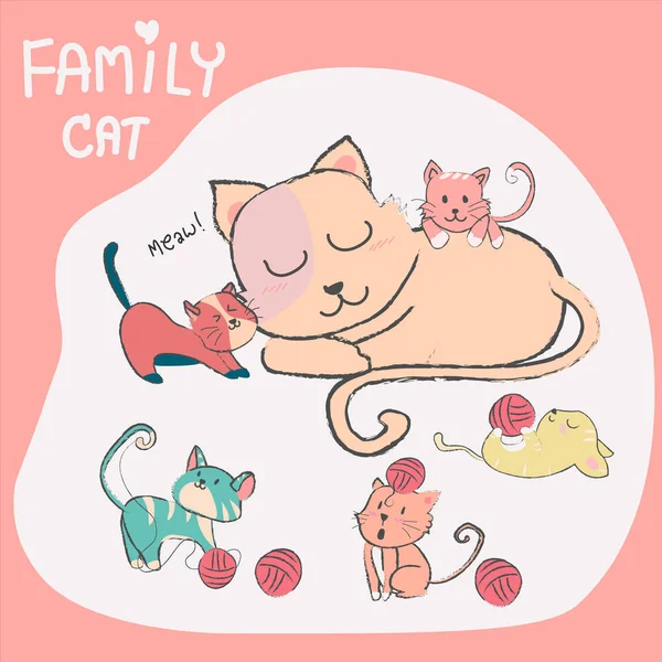 Doodle Ręcznie Rysowane Ładny Kot Rodziną Dziecka — Wektor stockowy