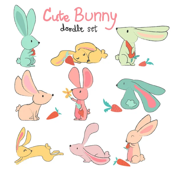 doodle elle çizilmiş pastel sevimli tavşan karakter kümesi