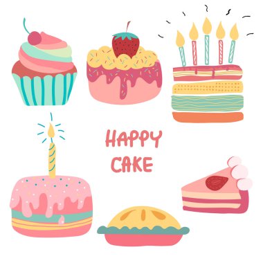 Doodle elle çizilmiş gökkuşağı cute Doğum günü pastası