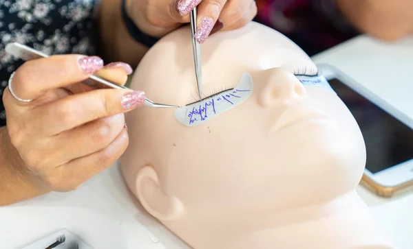 Basic Training Build Eyelashes Silicone Mannequin Work Tweezer Close — Stock Photo, Image