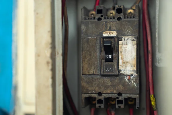 old and dirty Breakers switch in electric box, circuit breakers, electrical panel, switch with wires