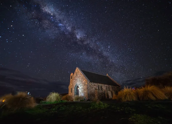 Milky Way starry night in New Zealand, church of good shepherd.