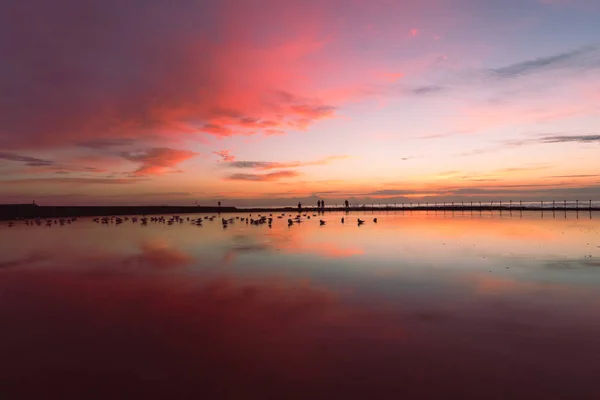 Ciel Levant Soleil Coloré Rouge Paisible Bain Océanique Newcastle Australie — Photo