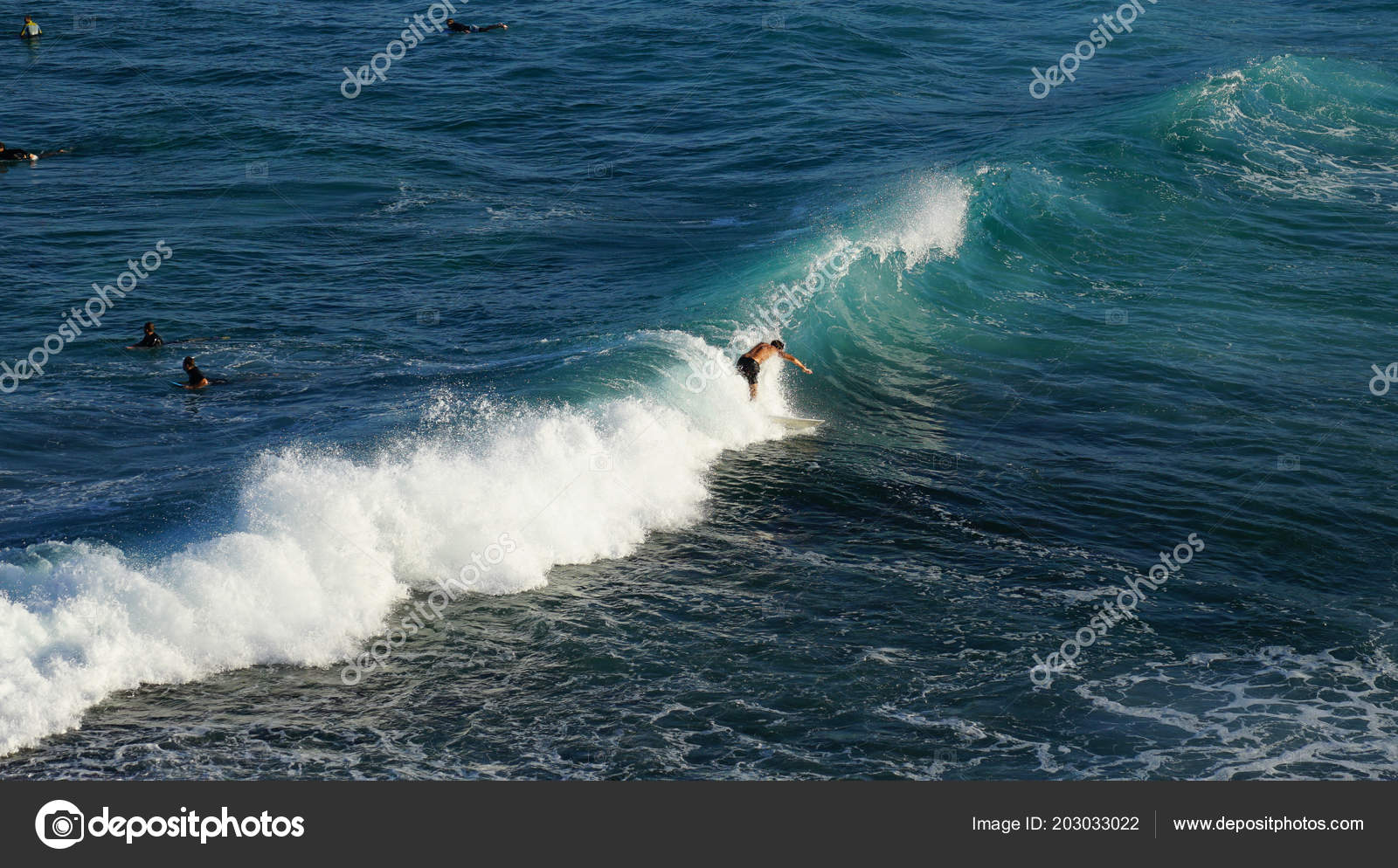 Man Surfing White Foam Wave Blue Ocean People Swimming Background Stock Editorial Photo C Natsicha