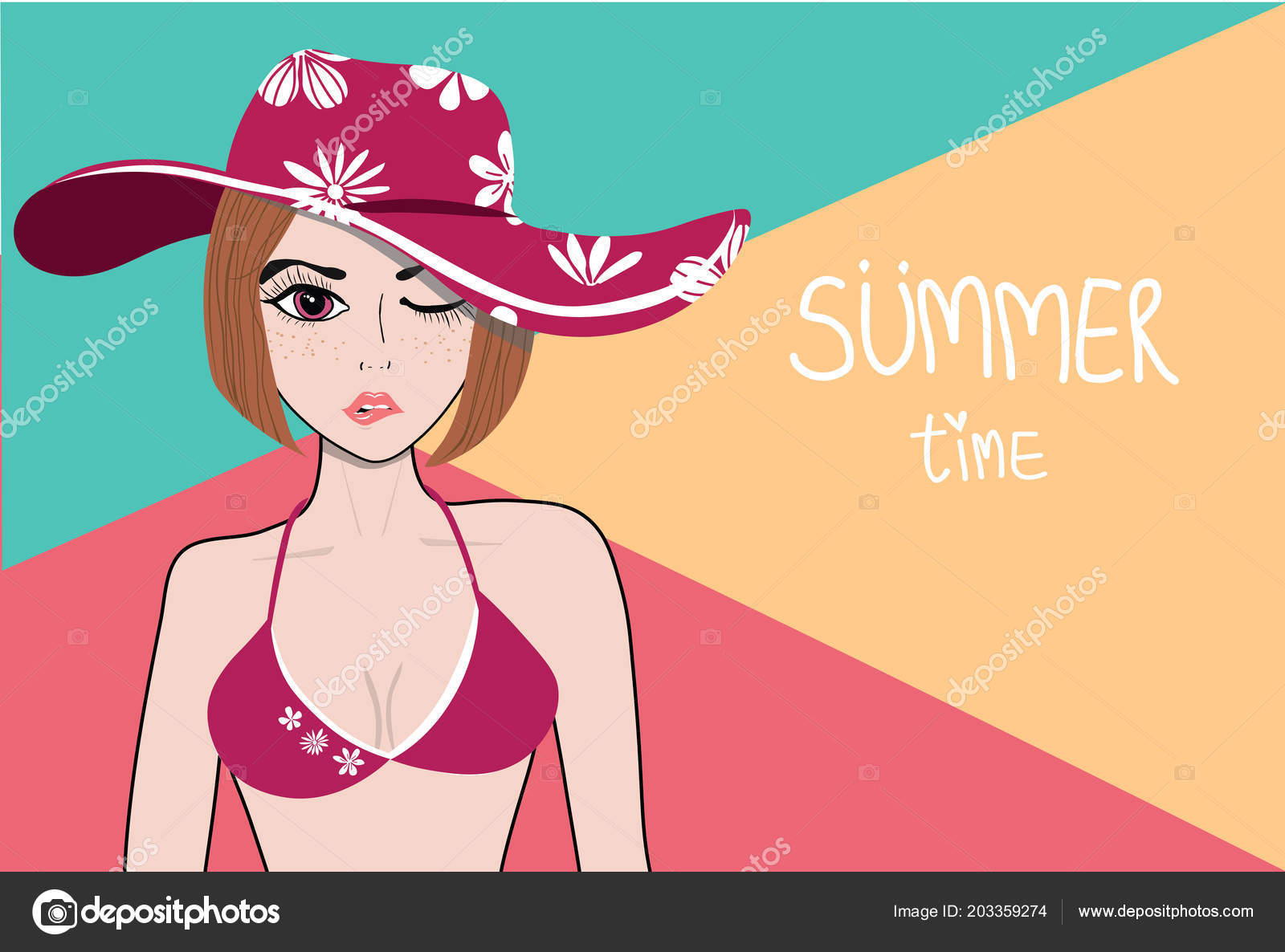 Short Hair Bikini Vector Illustration Beautiful Short Hair Lady