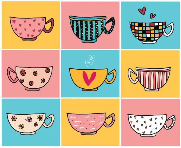 Doodle Mão Desenho Xícaras Café Diferentes Desenhos Cor Vintage Fundo — Vetor de Stock