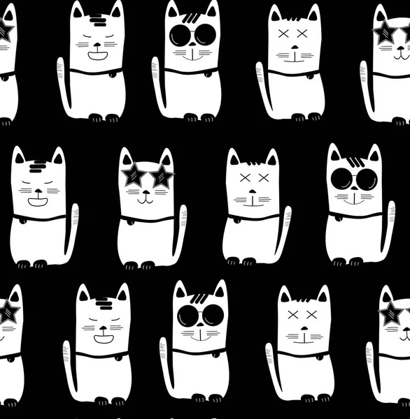 Cool White Cats Different Characters Black Background Seamless Pattern Background — Stock Vector