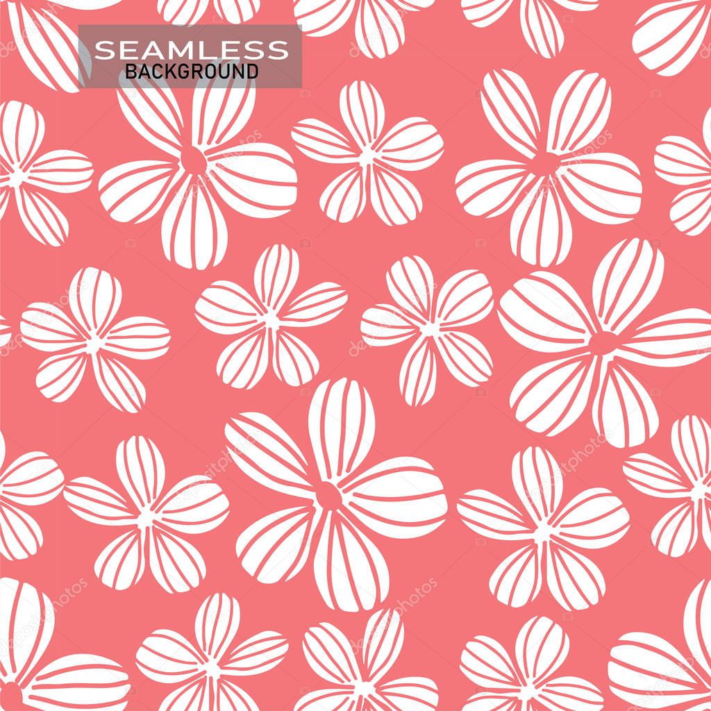 doodle hand drawing white flowers on pastel pink background  vector seamless background  idea for textile  fabric printing