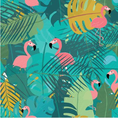 tropikal yaz flamingolar egzotik üzerinde bırakır orman desen sorunsuz arka plan, kumaş baskı 