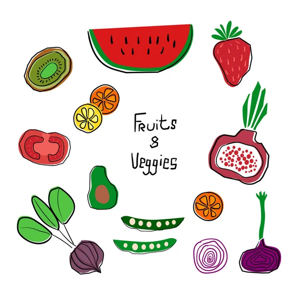 Set Coloré Fruits Légumes Dessinés Main Pastèque Fraise Grenade Tomate — Image vectorielle