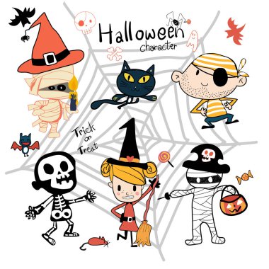 çizilmiş Halloween trick el veya karakter Şirin kostüm vektör tedavi