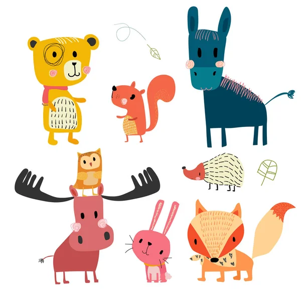 Hand Drawn Wild Animal Cute Character Collection — Stock Vector