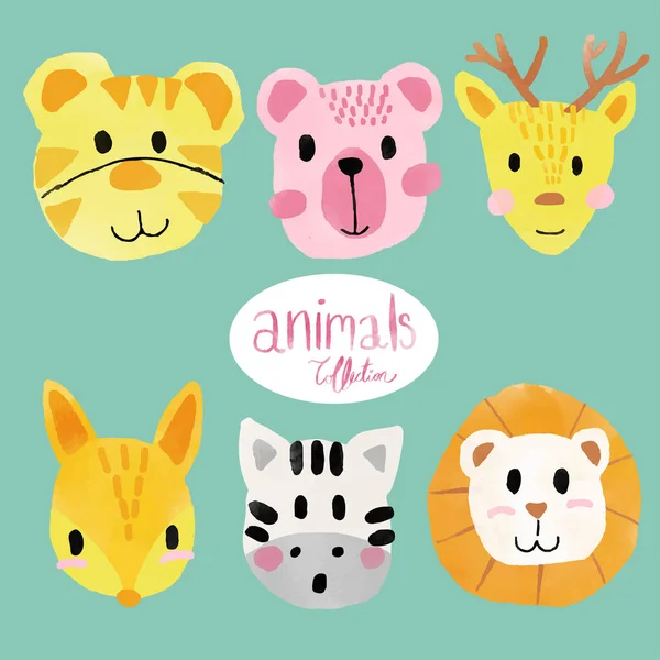 watercolour cute animal faces, lion, tiger, bear, deer, horse, fox