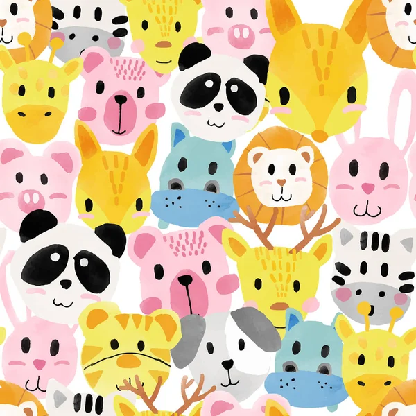 Watercolour Cute Animal Faces Pattern Seamless — Stock Vector