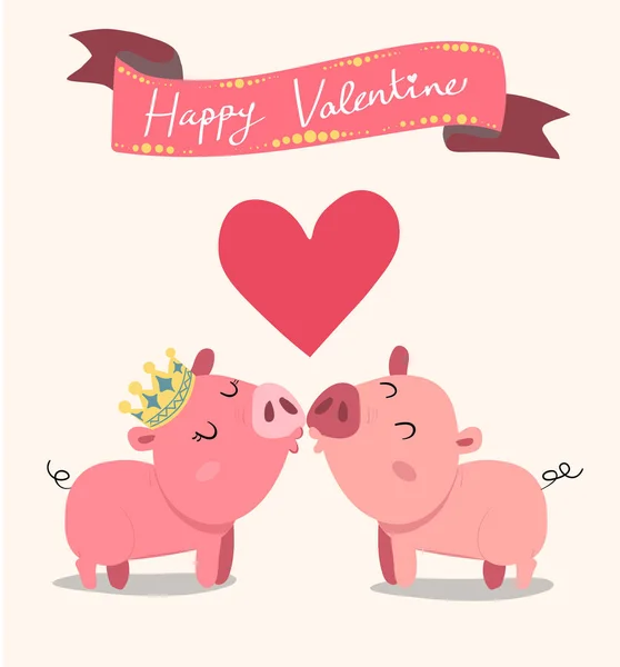 Cute Couple Pink Pigs Kissing Valentine Card — Stock Vector