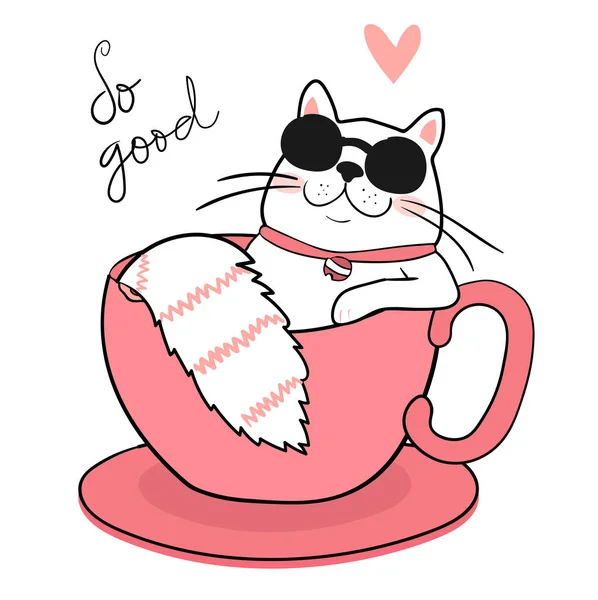 可爱的白色肥猫与太阳眼镜睡在咖啡杯 — 图库矢量图片