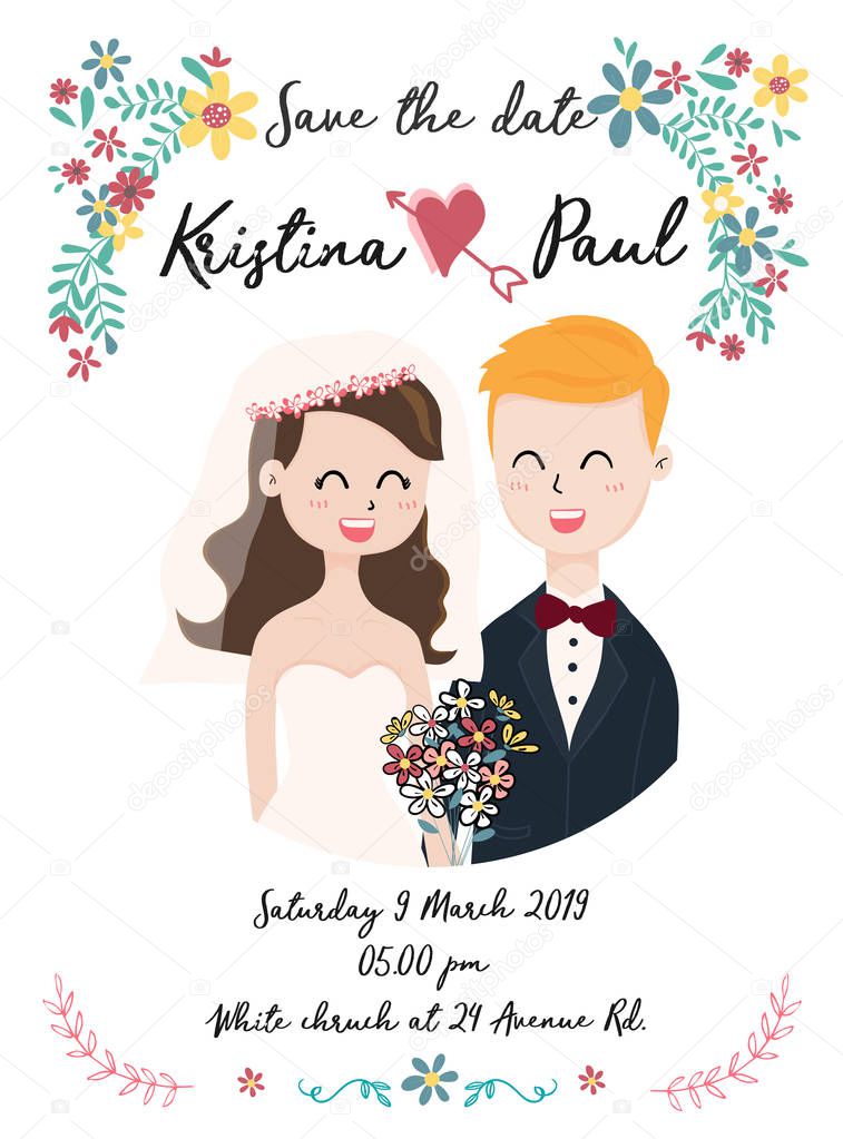 cute wedding card with happy smile couple in flower wreath