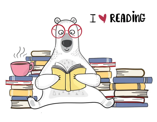 Mignon Ours Blanc Dans Des Lunettes Rouges Est Livre Lecture — Image vectorielle