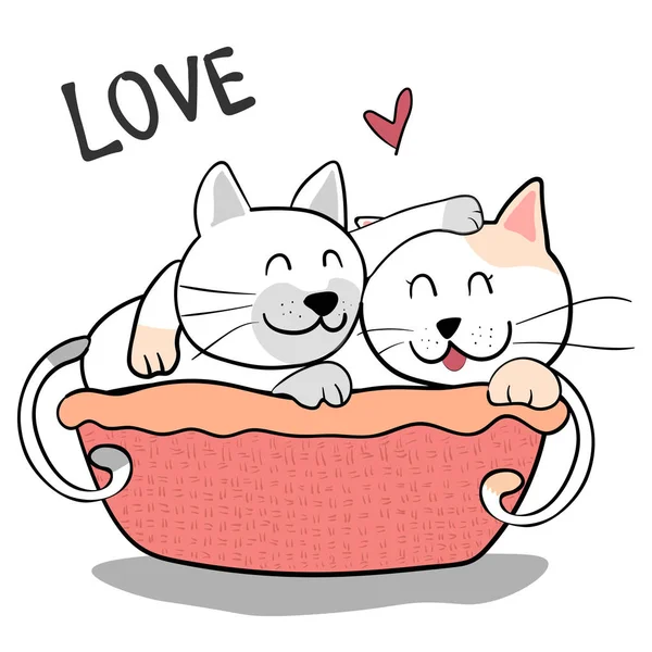 Cute Couple Friendship Cat Hug Each Other Pink Background — Stock Vector