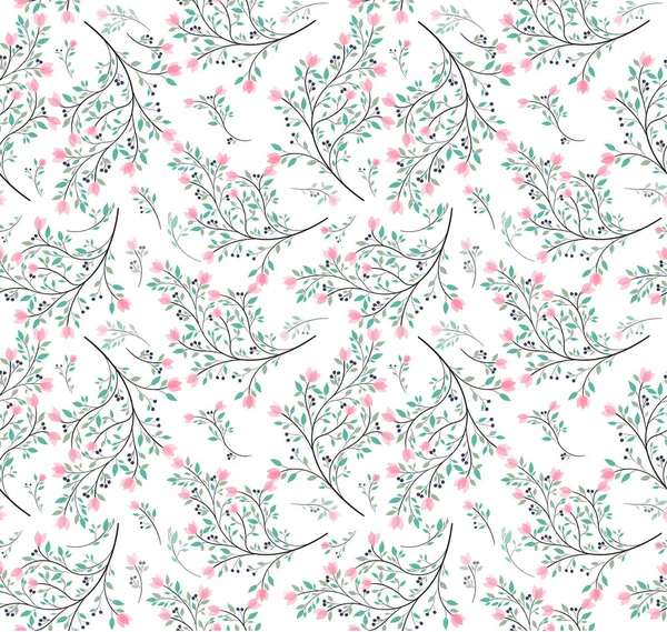 Розовый Цветок Зеленые Листья Шаблон Бесшовный — стоковый вектор